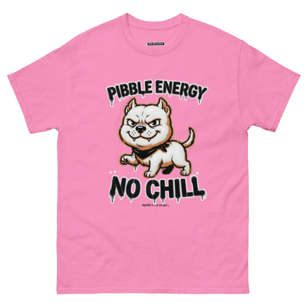 Pibble Energy No Chill tee — grinning bully pup at a dead sprint under graffiti lettering