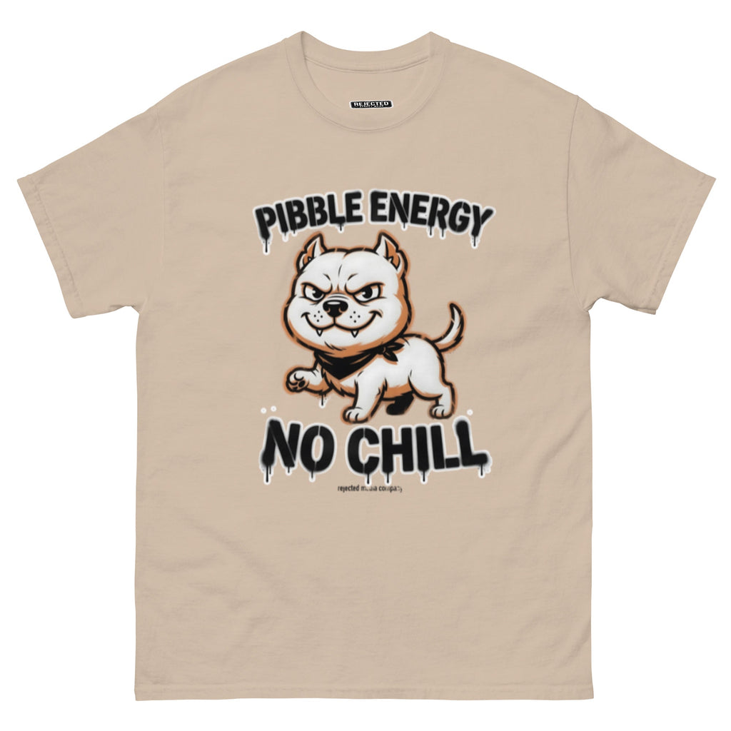 Pibble Energy No Chill tee — grinning bully pup at a dead sprint under graffiti lettering