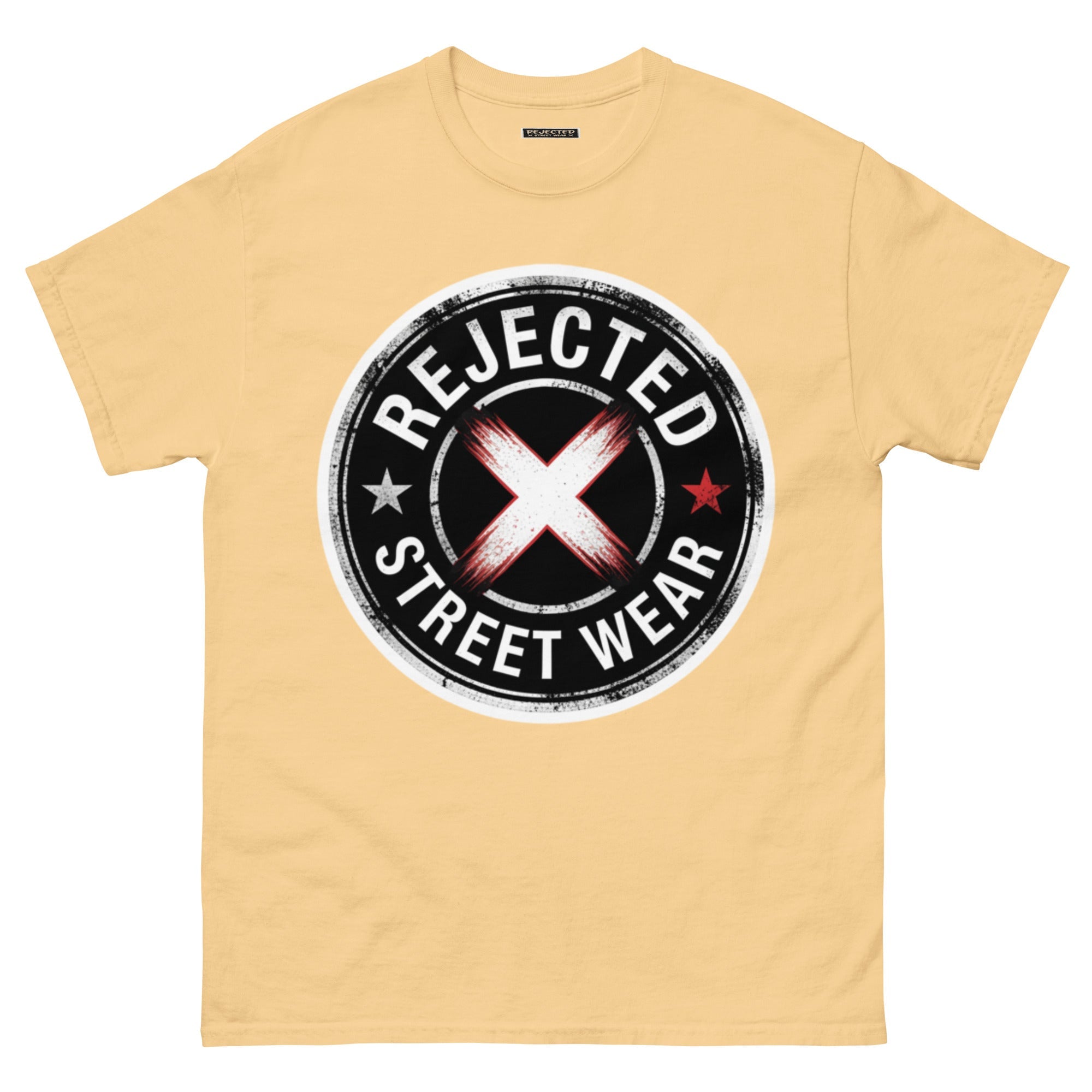 Rejected Street Wear barbed wire seal tee — distressed circular badge with REJECTED arched over a red and white brushed X