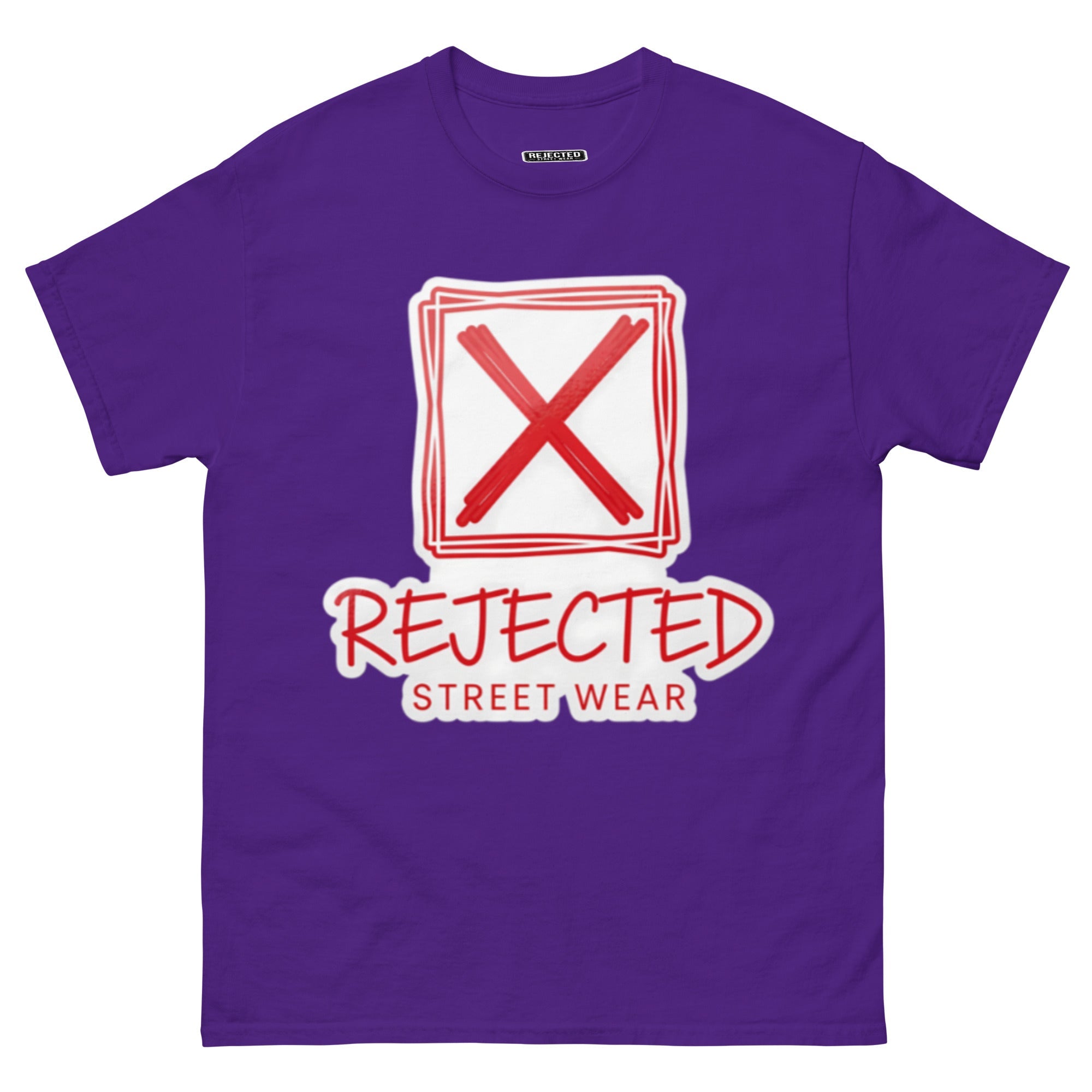 Rejected Street Wear box logo tee — hand-drawn red frame with a brushed X and REJECTED STREET WEAR in red beneath