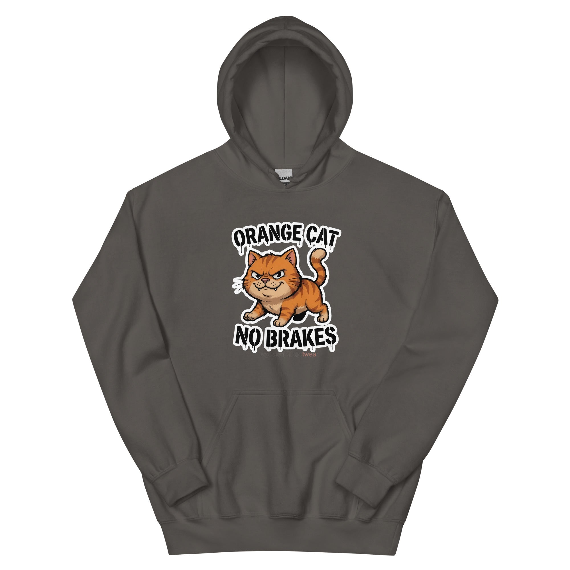 Orange Cat No Brakes hoodie — scowling orange tabby at full sprint under drippy graffiti lettering