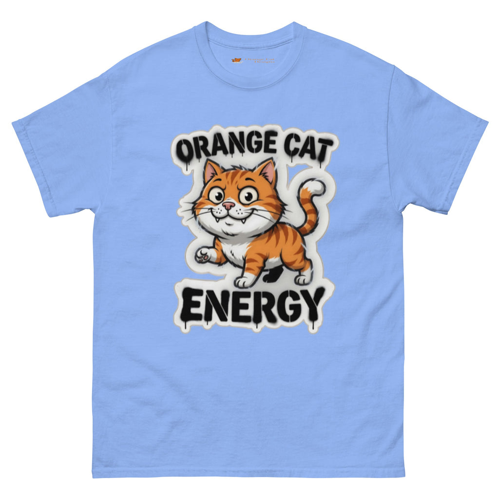 Orange Cat Energy tee — wide-eyed orange tabby mid-launch under drippy graffiti lettering
