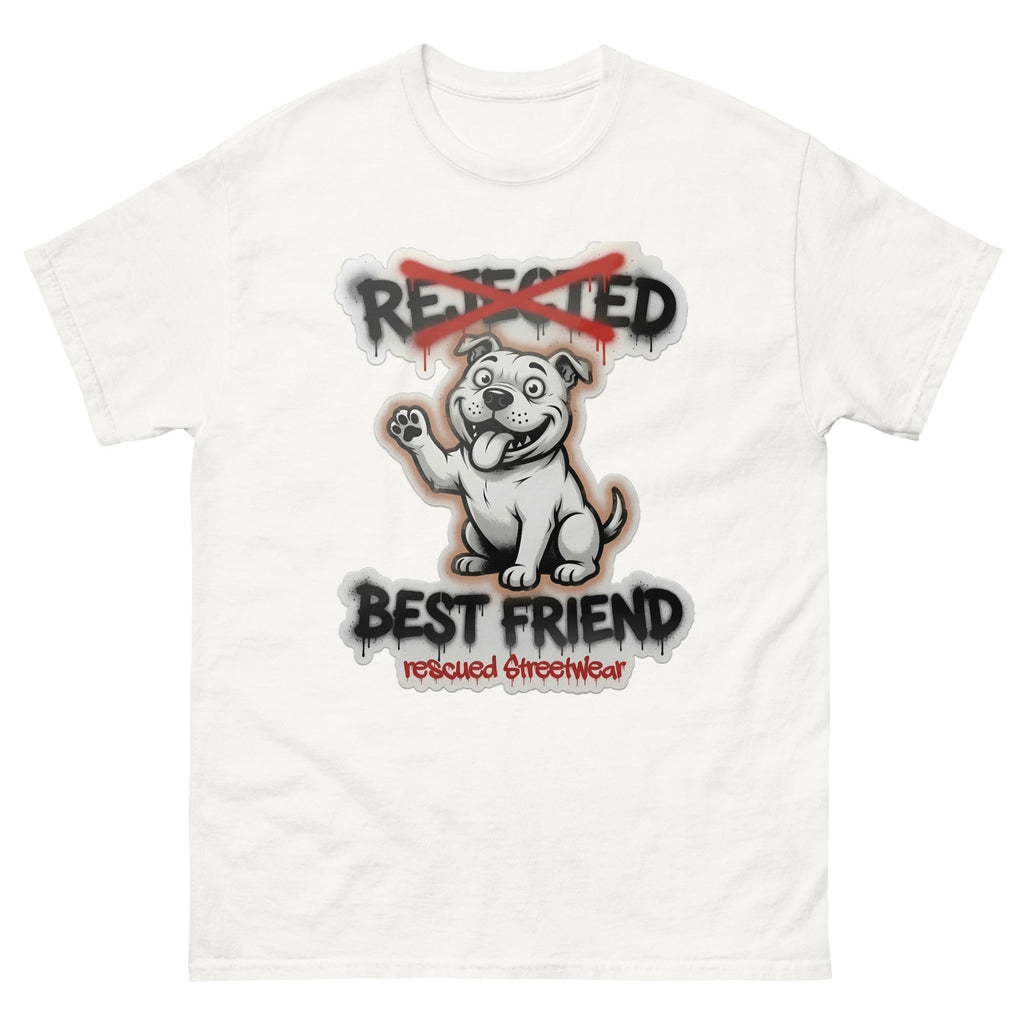 Best Friend pit bull tee — white bully pup waving a paw with REJECTED crossed out in red and BEST FRIEND sprayed below