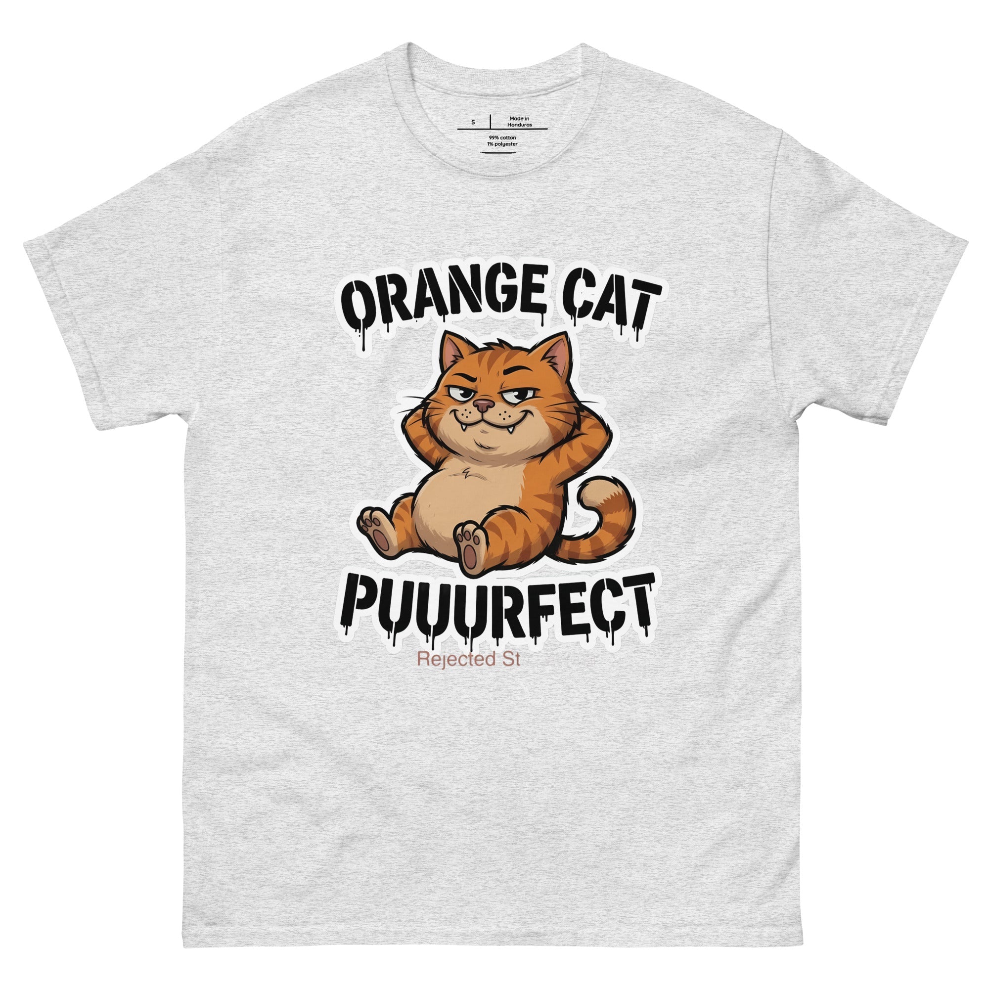 Orange Cat Puuurfect tee — chunky reclined orange tabby under arched drippy graffiti lettering