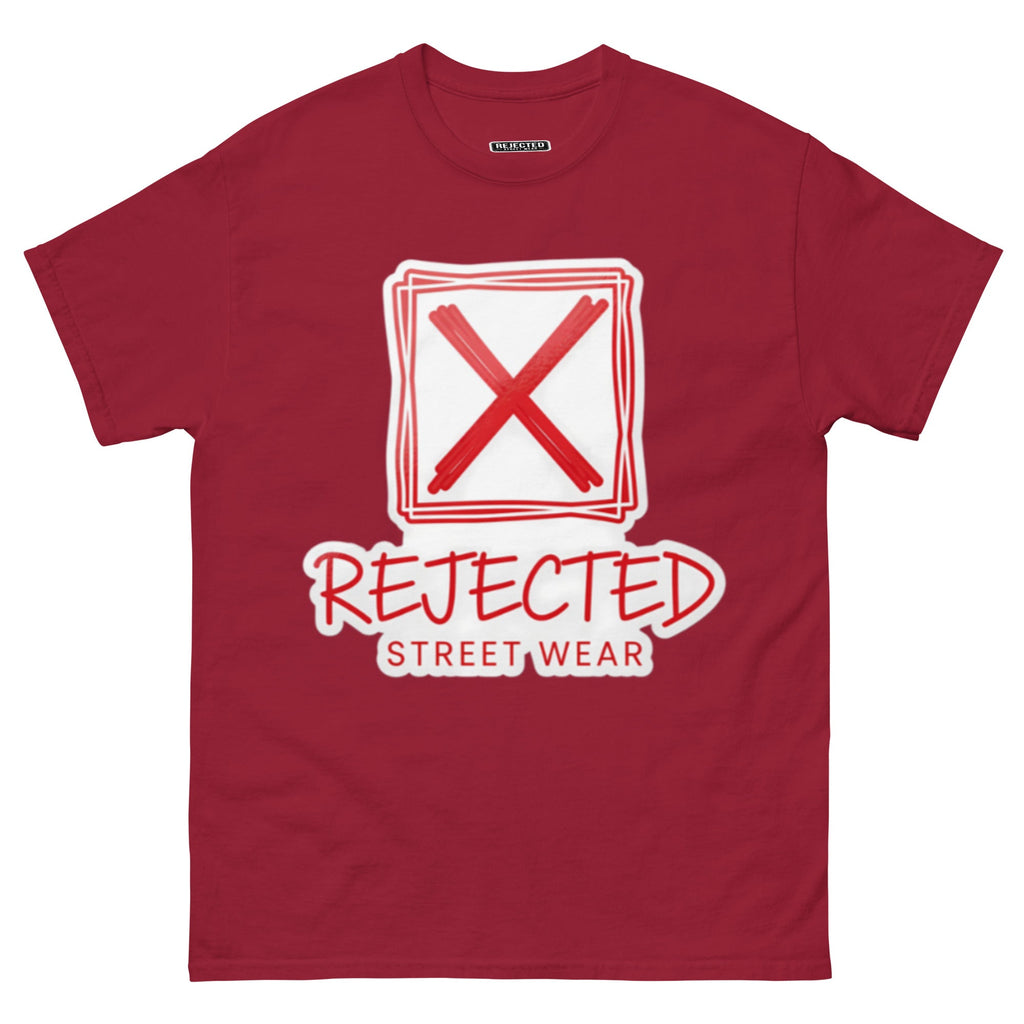 Rejected Street Wear box logo tee — hand-drawn red frame with a brushed X and REJECTED STREET WEAR in red beneath
