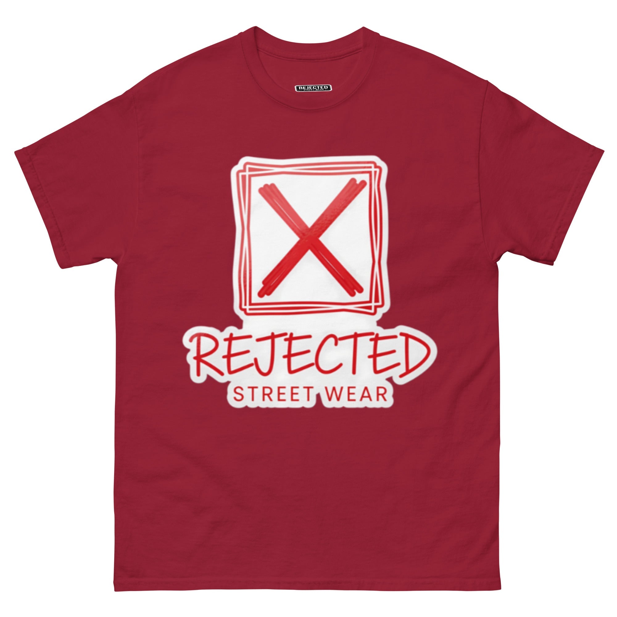 Rejected Street Wear box logo tee — hand-drawn red frame with a brushed X and REJECTED STREET WEAR in red beneath