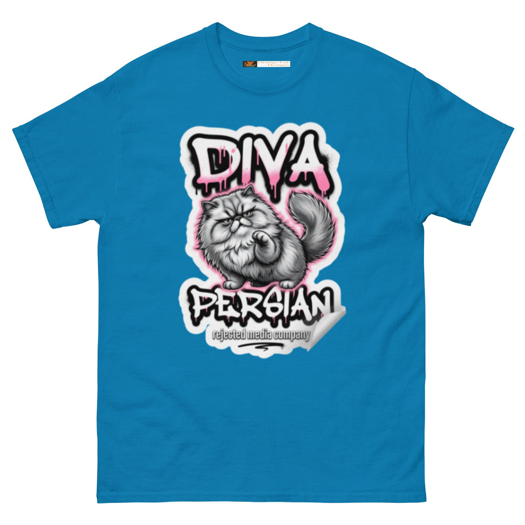 Diva Persian cat tee — fluffed-out Persian cat with an unimpressed face under pink graffiti drip lettering