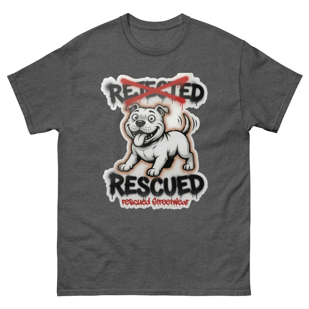 Rescued pit bull tee — white pit bull with REJECTED crossed out in red and RESCUED sprayed underneath
