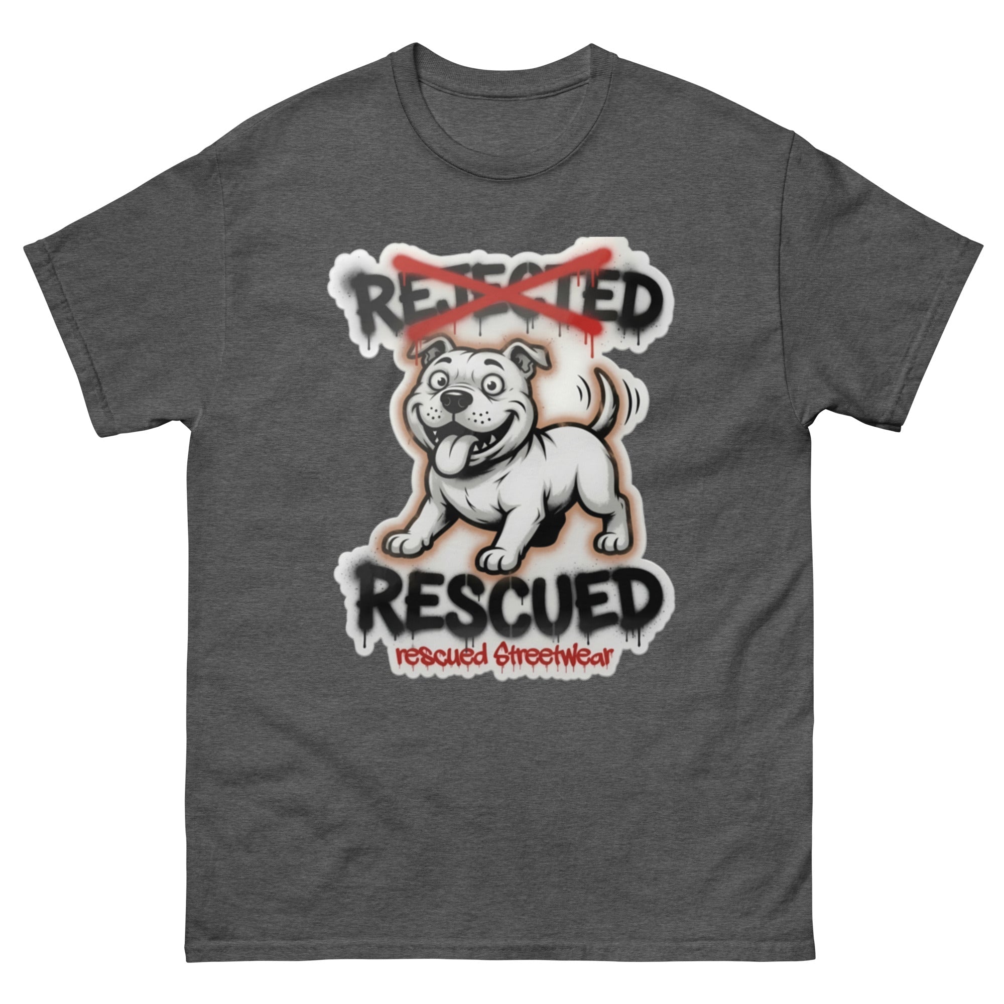 Rescued pit bull tee — white pit bull with REJECTED crossed out in red and RESCUED sprayed underneath