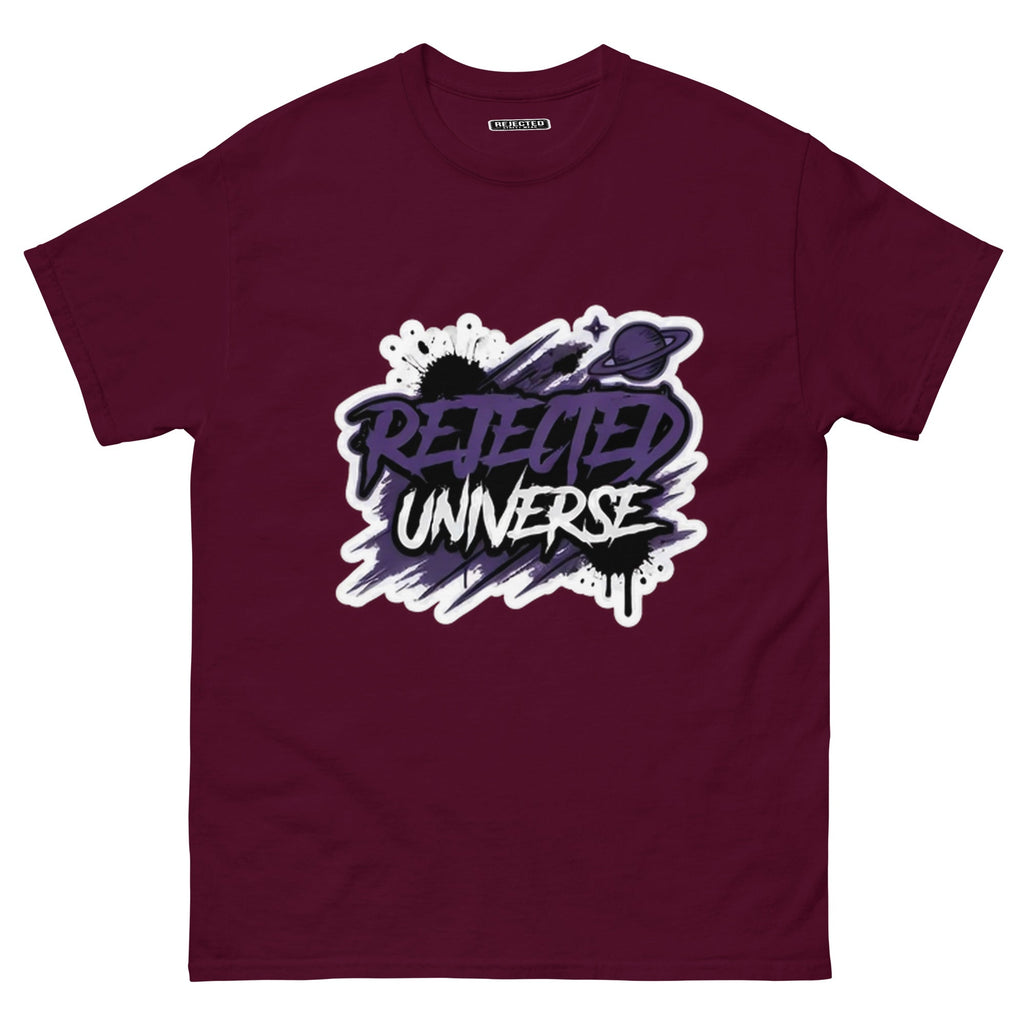 Rejected Universe logo tee in purple — leaning graffiti tag with an orbiting planet and spray splatter