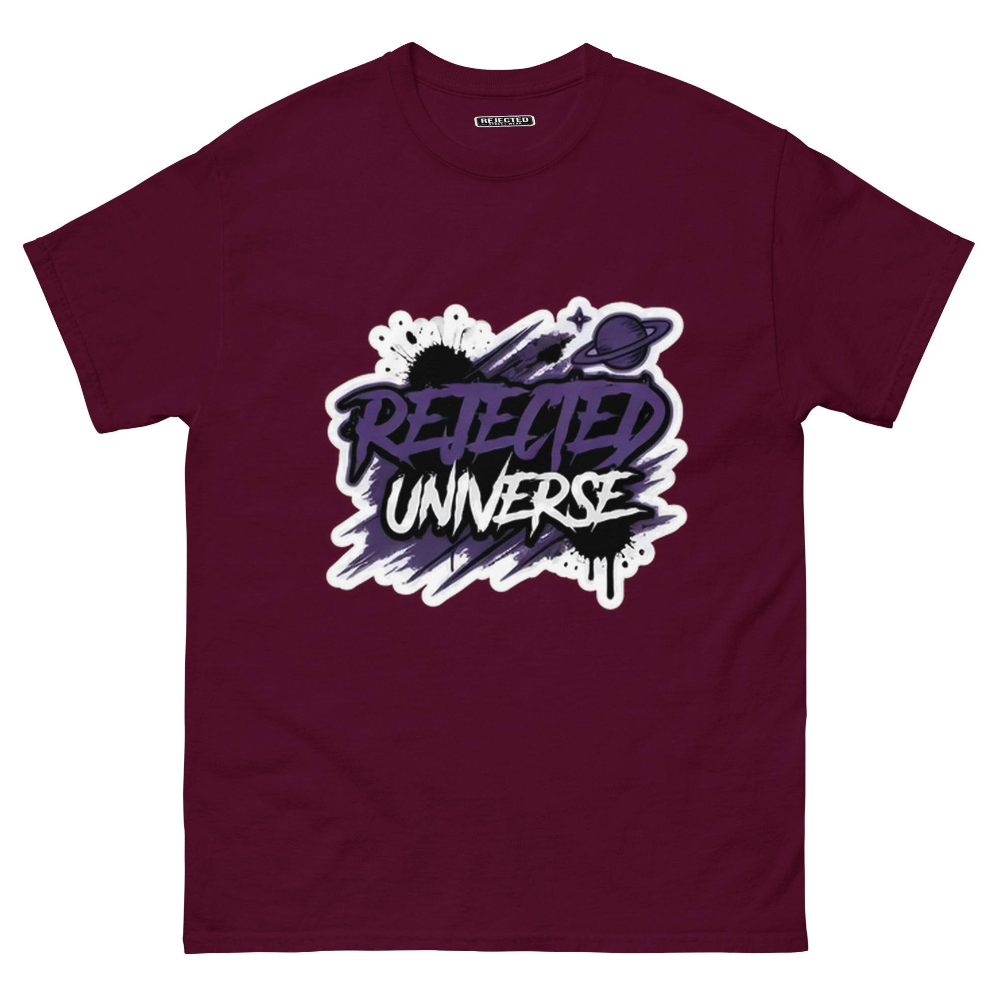 Rejected Universe logo tee in purple — leaning graffiti tag with an orbiting planet and spray splatter