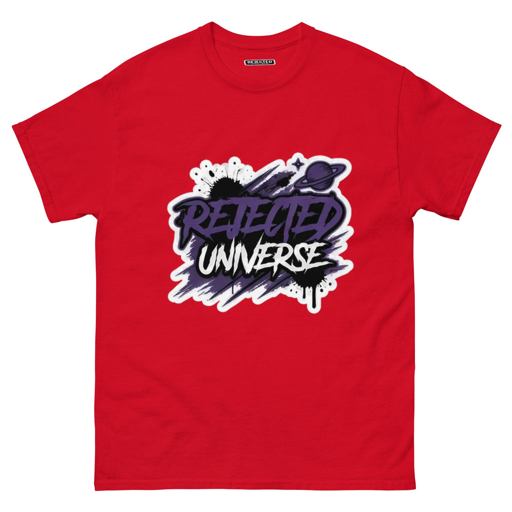Rejected Universe logo tee in purple — leaning graffiti tag with an orbiting planet and spray splatter