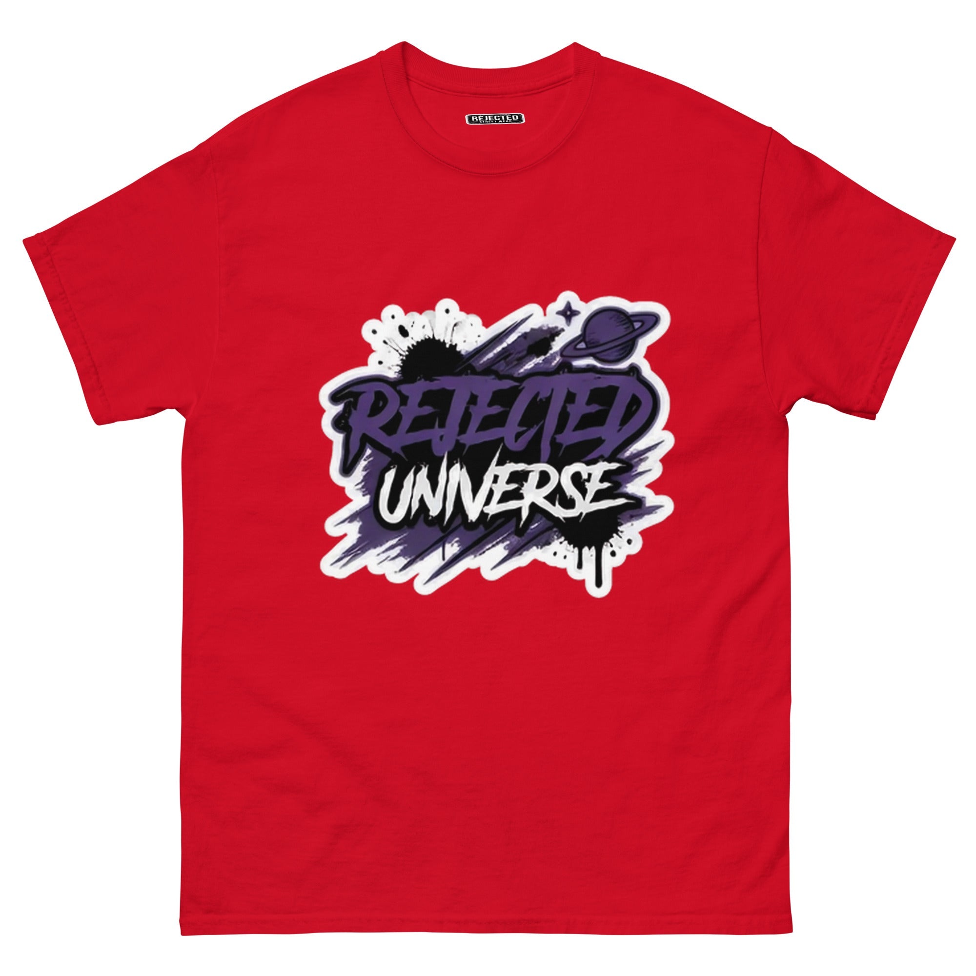 Rejected Universe logo tee in purple — leaning graffiti tag with an orbiting planet and spray splatter