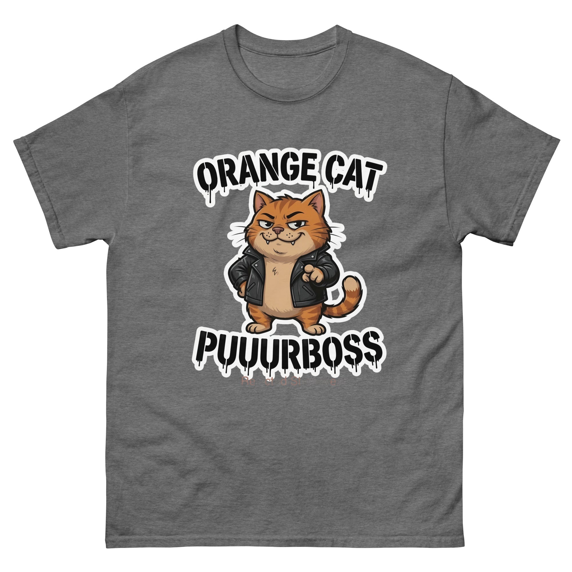 Purrboss orange cat tee — orange tabby in a leather jacket, arms crossed, under arched graffiti lettering