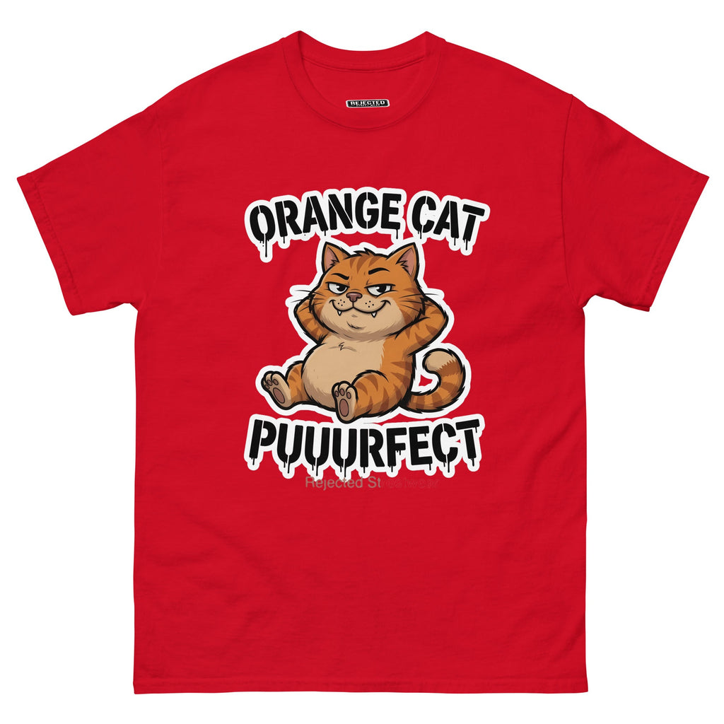 Orange Cat Puuurfect tee — chunky reclined orange tabby under arched drippy graffiti lettering
