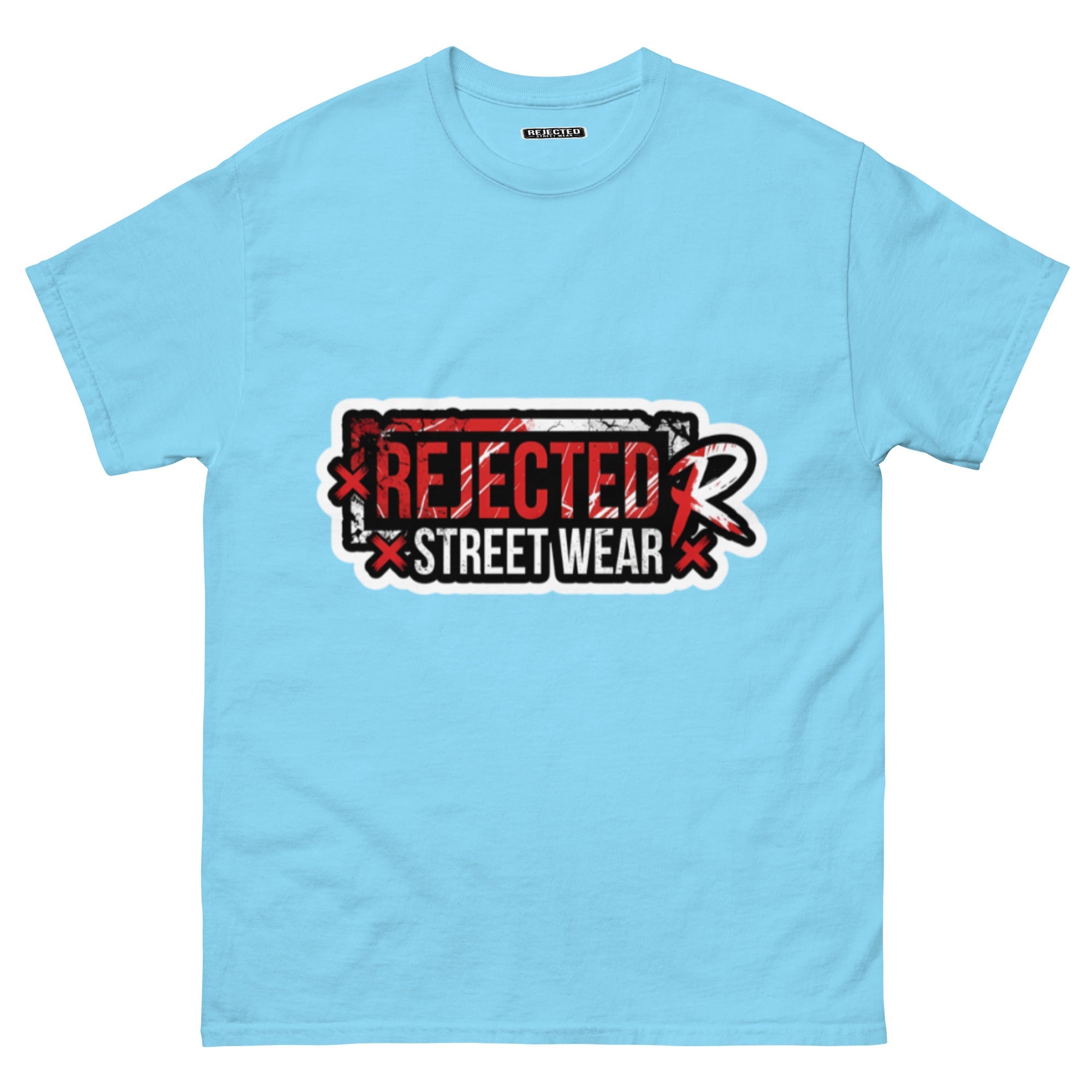Rejected Street Wear red box logo tee — red-framed REJECTED STREET WEAR stamp with corner x marks and a red slash