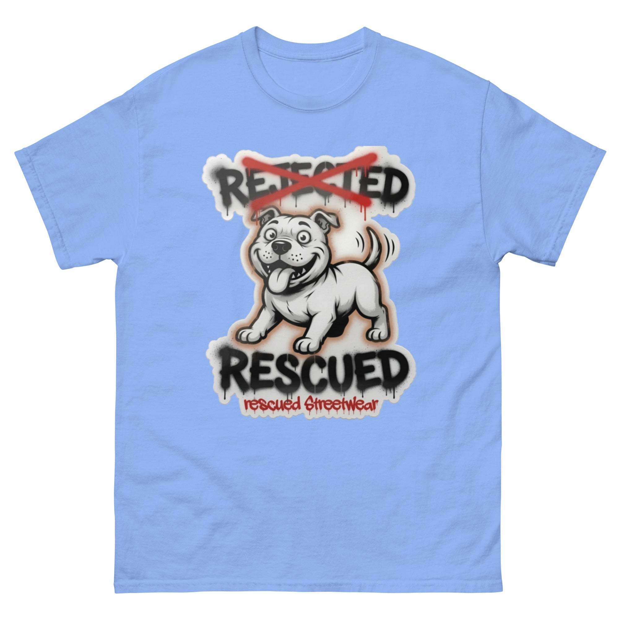 Rescued pit bull tee — white pit bull with REJECTED crossed out in red and RESCUED sprayed underneath