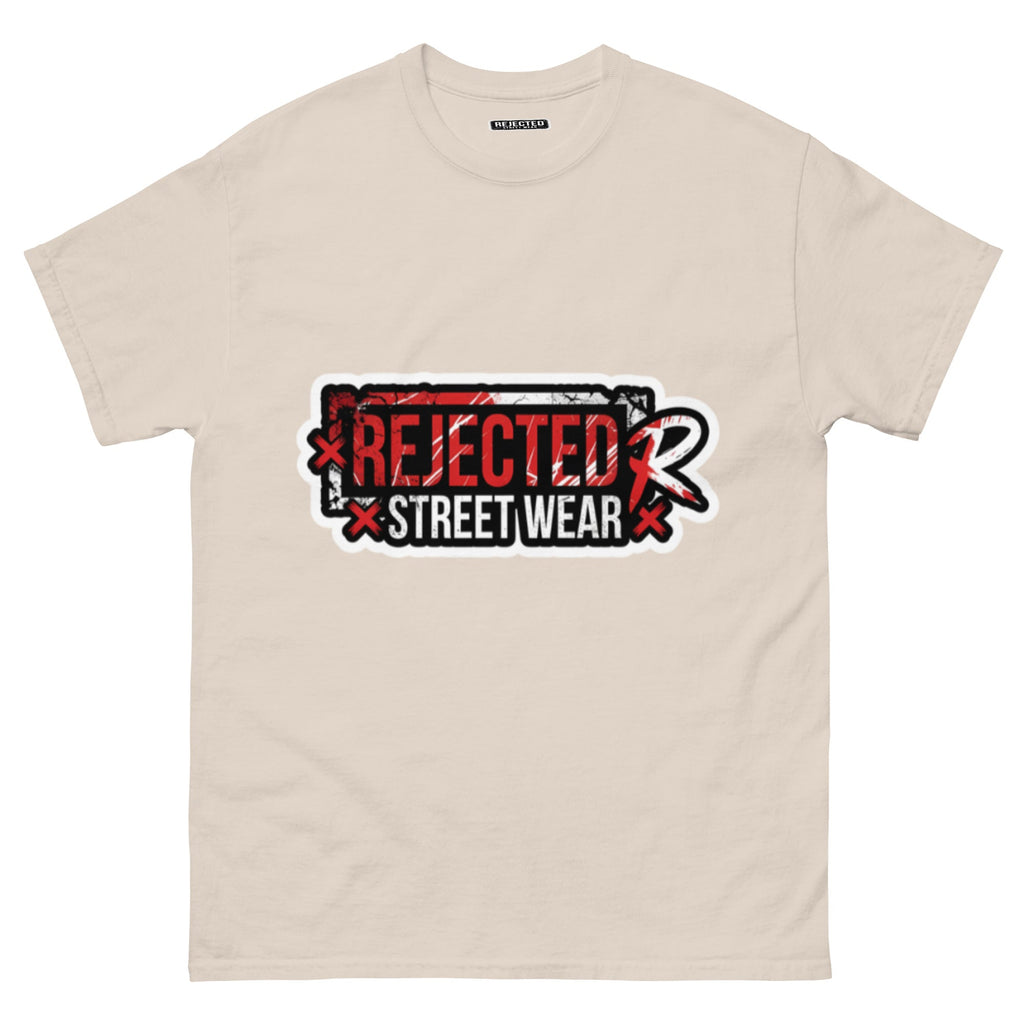 Rejected Street Wear red box logo tee — red-framed REJECTED STREET WEAR stamp with corner x marks and a red slash