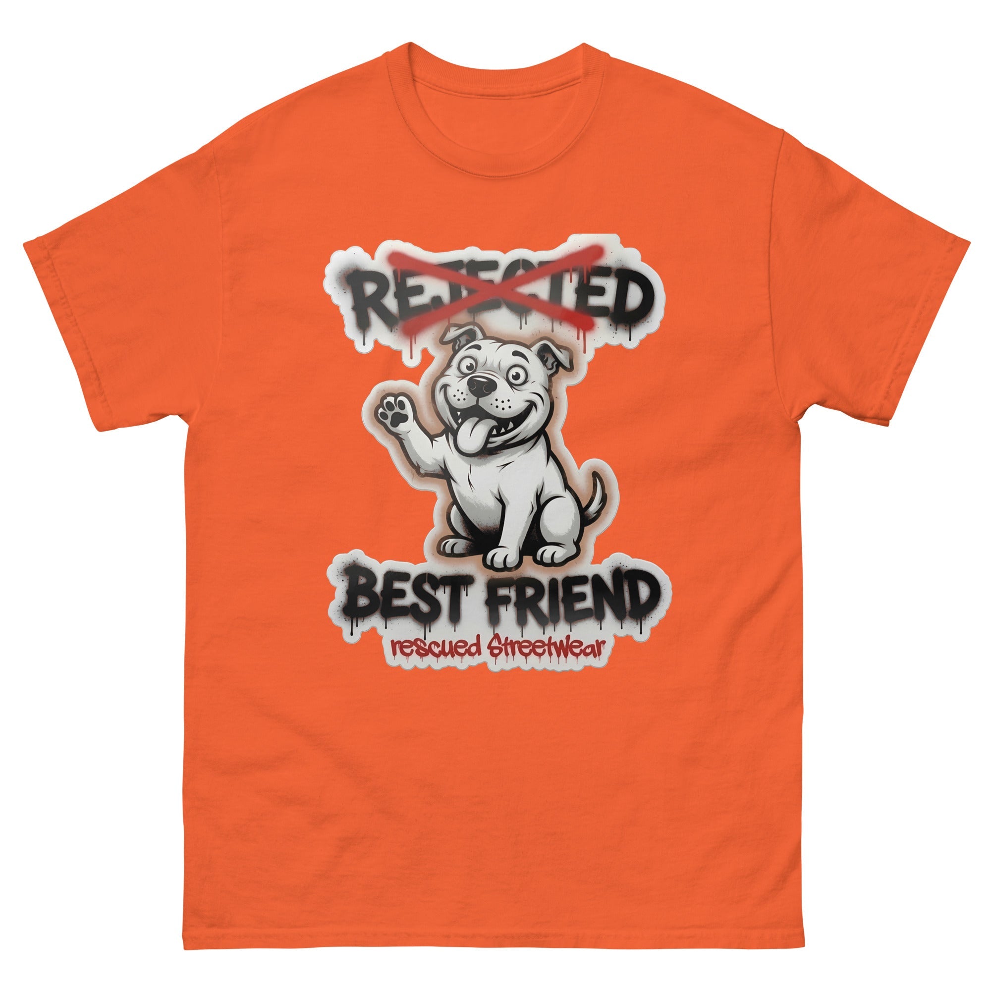 Best Friend pit bull tee — white bully pup waving a paw with REJECTED crossed out in red and BEST FRIEND sprayed below