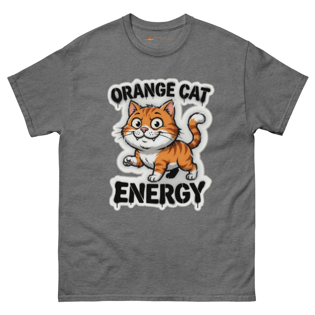 Orange Cat Energy tee — wide-eyed orange tabby mid-launch under drippy graffiti lettering