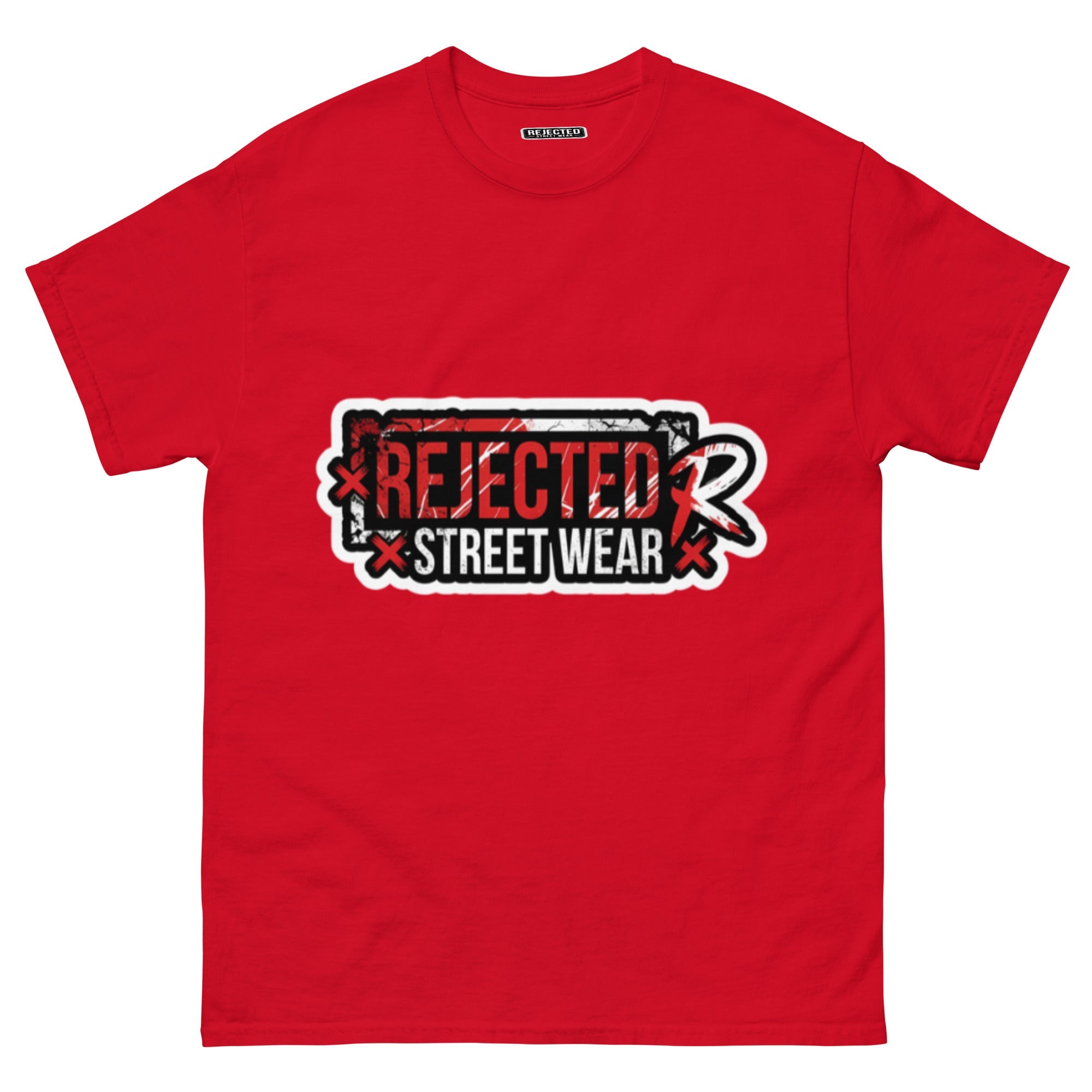 Rejected Street Wear red box logo tee — red-framed REJECTED STREET WEAR stamp with corner x marks and a red slash