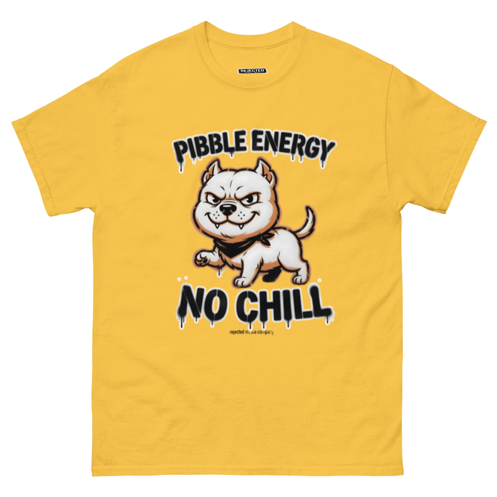 Pibble Energy No Chill tee — grinning bully pup at a dead sprint under graffiti lettering