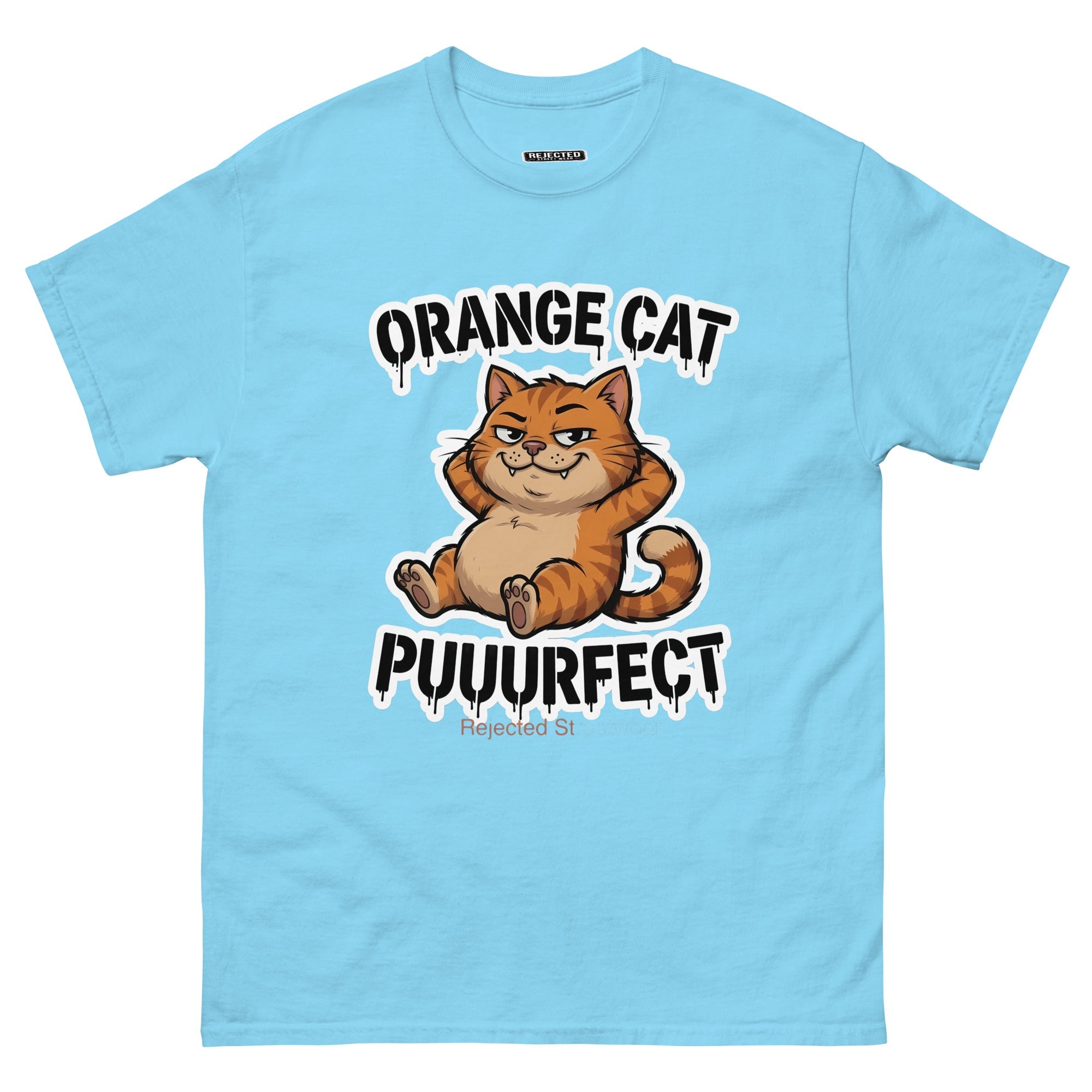 Orange Cat Puuurfect tee — chunky reclined orange tabby under arched drippy graffiti lettering