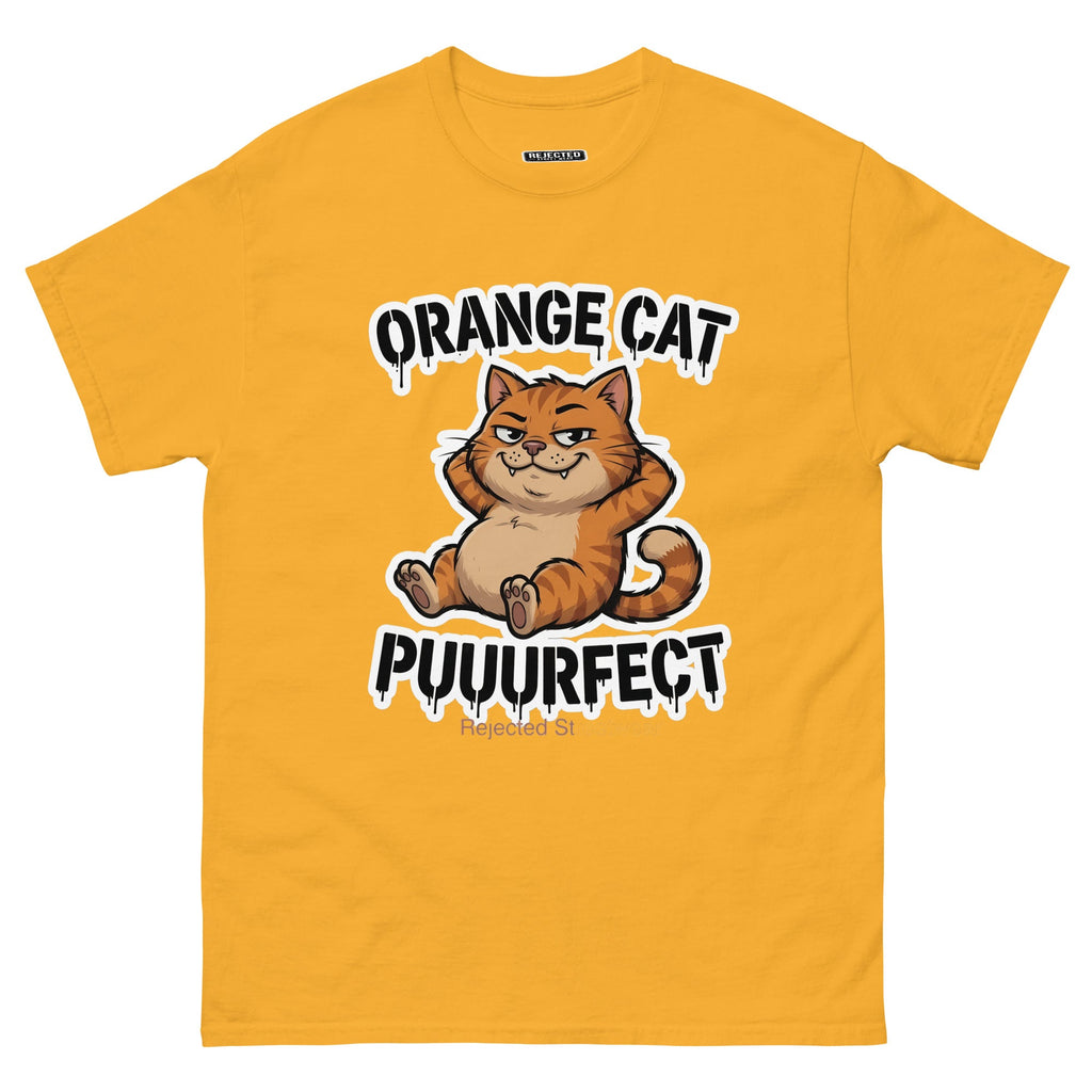 Orange Cat Puuurfect tee — chunky reclined orange tabby under arched drippy graffiti lettering