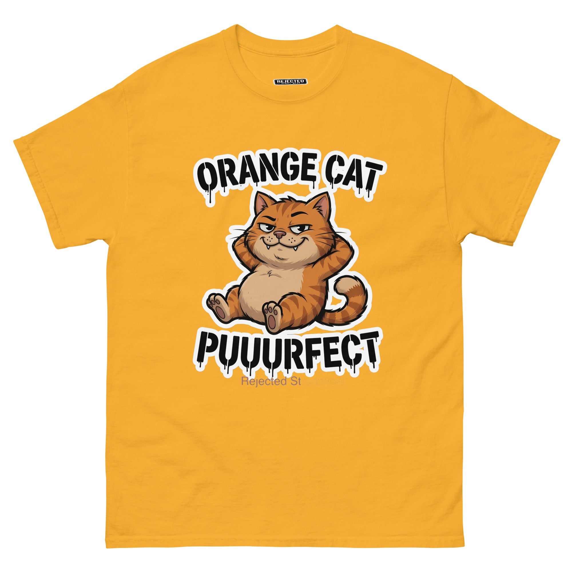 Orange Cat Puuurfect tee — chunky reclined orange tabby under arched drippy graffiti lettering