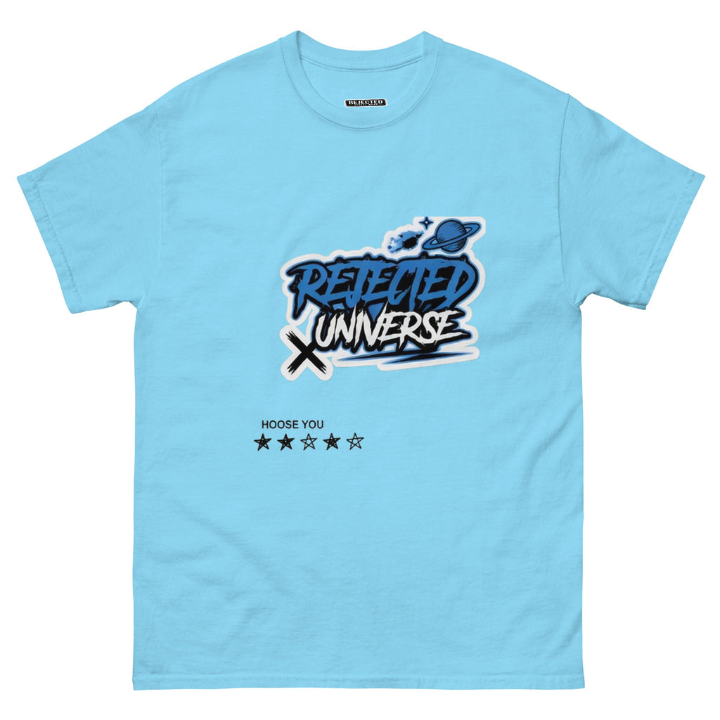 Rejected Universe logo tee in blue — graffiti tag with a planet and trailing stars