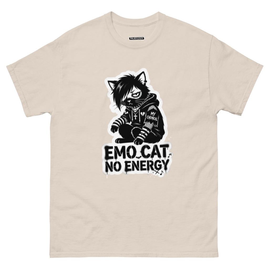 Emo Cat No Energy tee — grey cat with side-swept bangs and a patched hoodie under spray-paint lettering