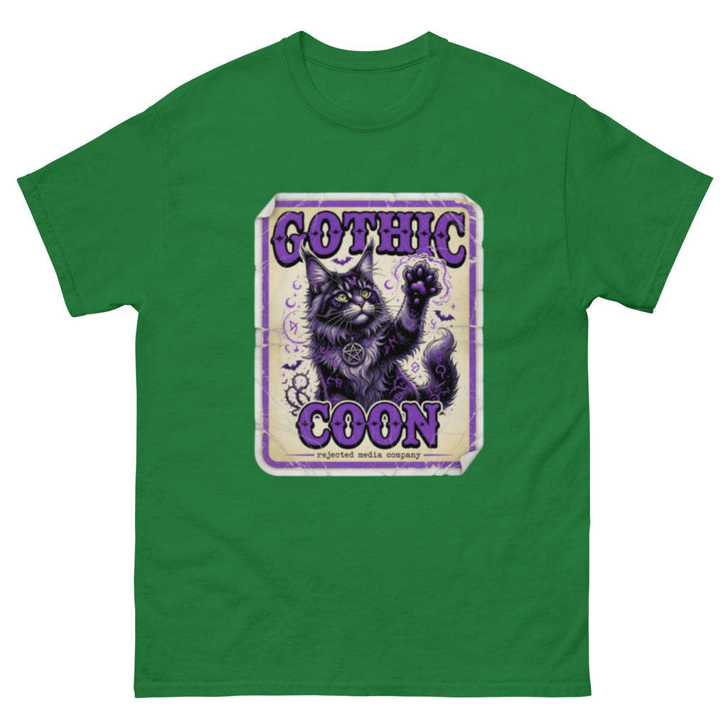 Gothic Coon tee — purple and black Maine Coon cat with a pentacle collar and one paw raised, vintage poster frame