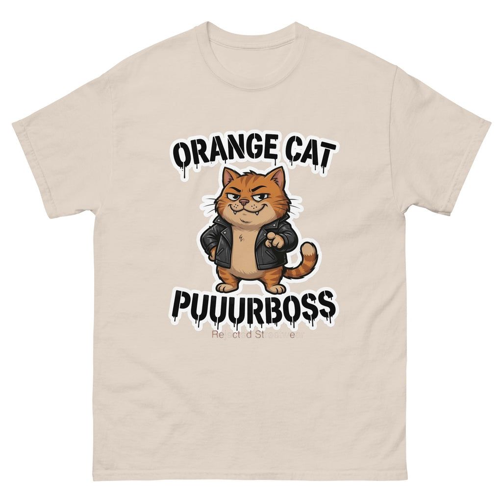 Purrboss orange cat tee — orange tabby in a leather jacket, arms crossed, under arched graffiti lettering