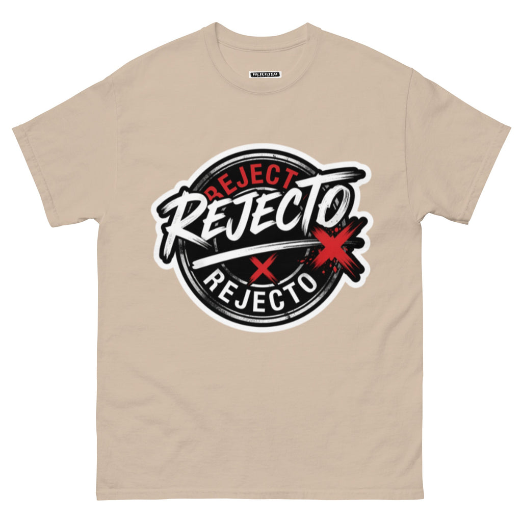 Rejected Street Wear emblem tee — black circle badge with white brush script and a red X slash