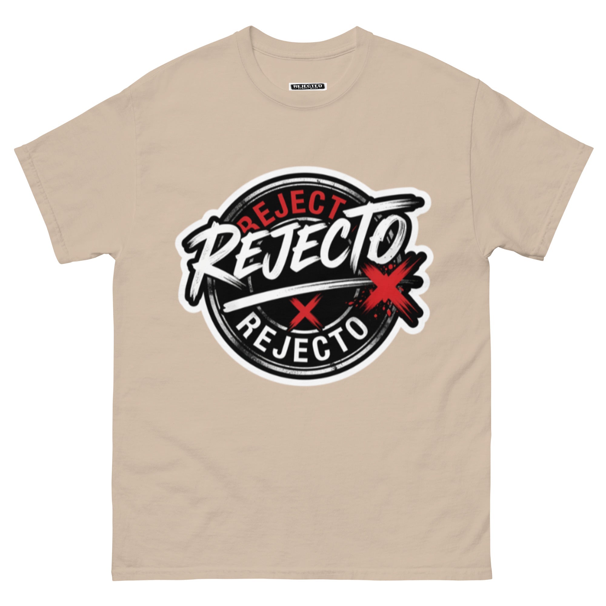 Rejected Street Wear emblem tee — black circle badge with white brush script and a red X slash
