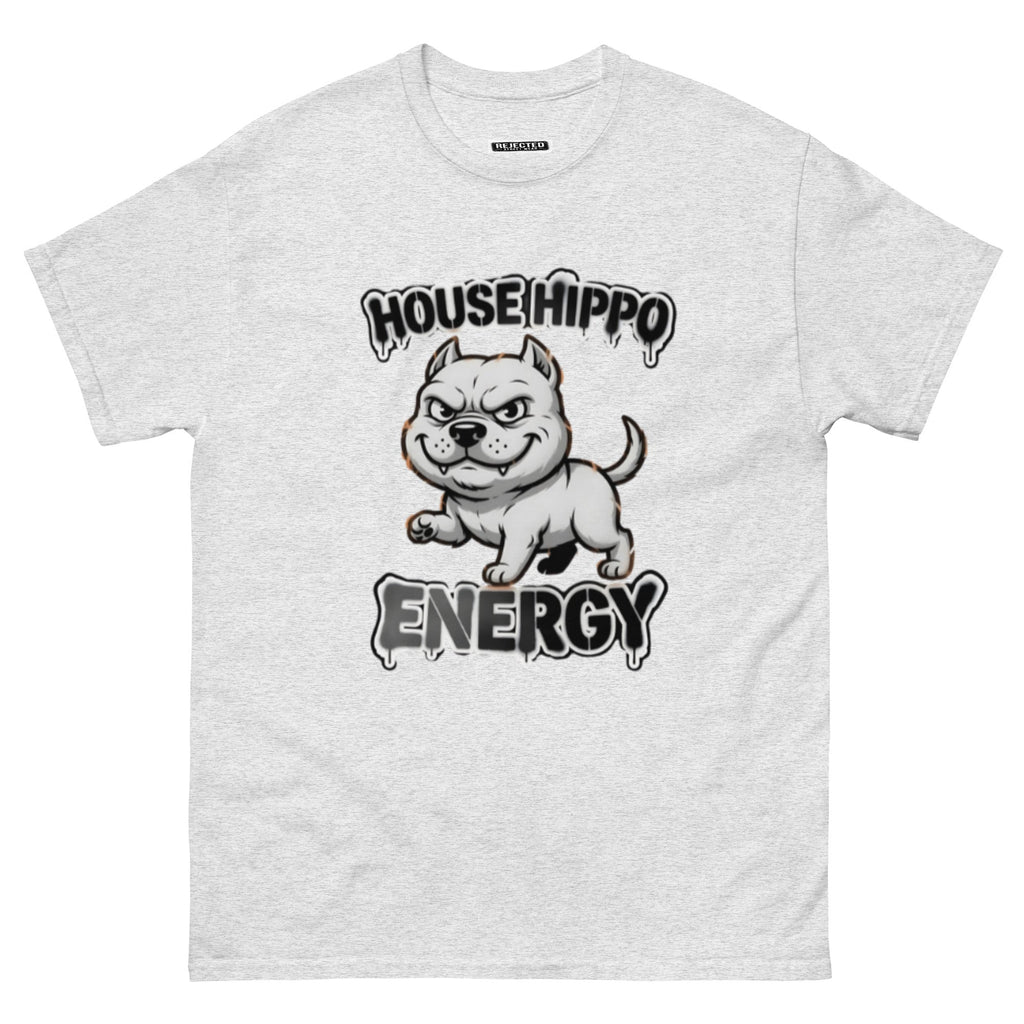 House Hippo Energy tee — stocky bully dog mid-stomp under drippy graffiti lettering