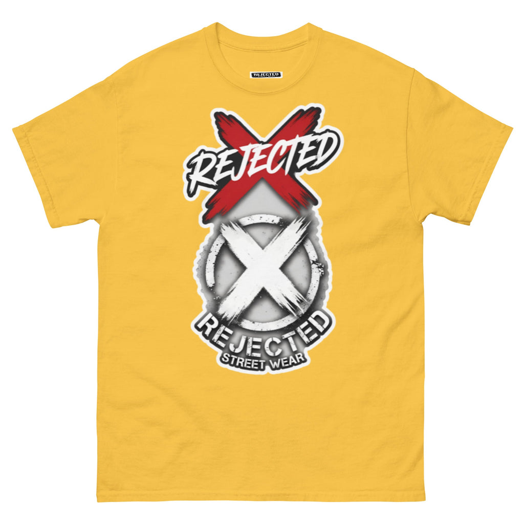 Reject Labels Be Human tee — REJECTED crossed out in red above the X emblem with the word Human underneath