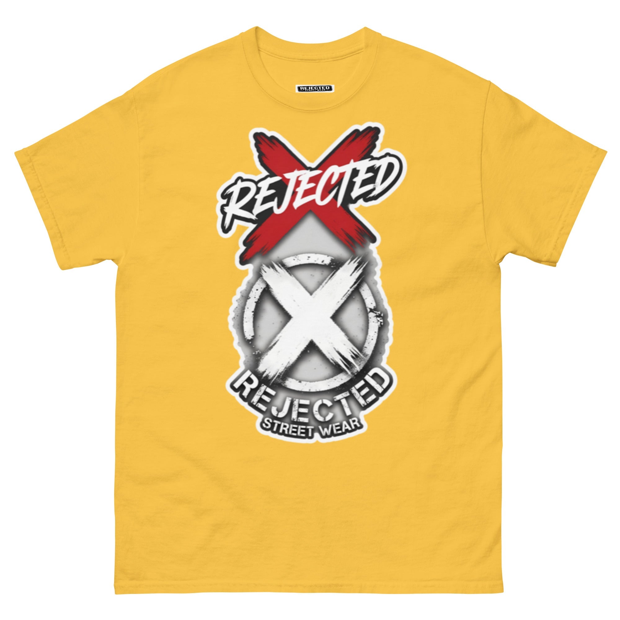 Reject Labels Be Human tee — REJECTED crossed out in red above the X emblem with the word Human underneath