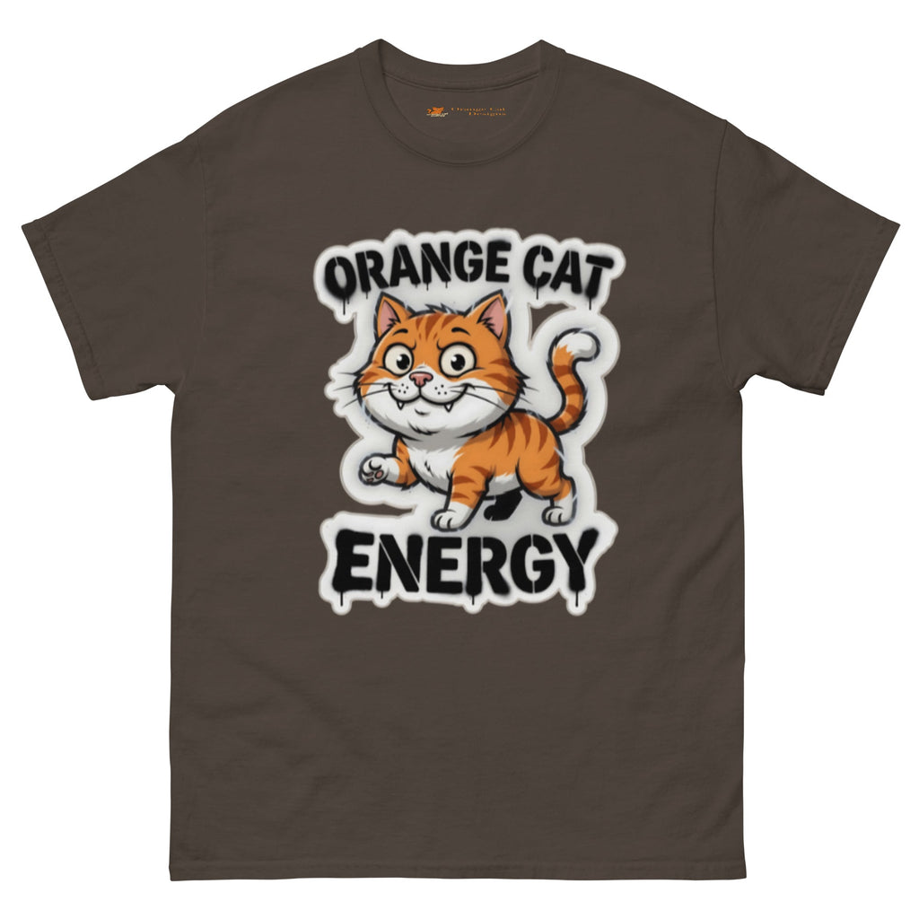 Orange Cat Energy tee — wide-eyed orange tabby mid-launch under drippy graffiti lettering