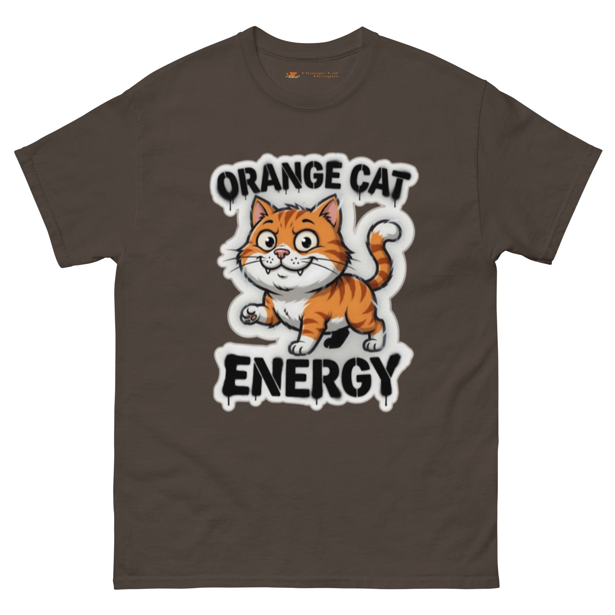 Orange Cat Energy tee — wide-eyed orange tabby mid-launch under drippy graffiti lettering