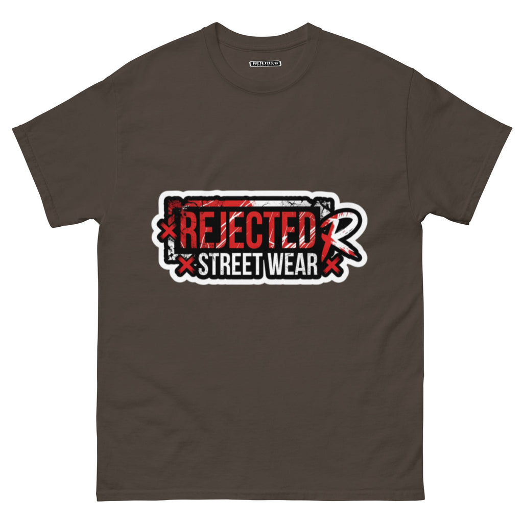 Rejected Street Wear red box logo tee — red-framed REJECTED STREET WEAR stamp with corner x marks and a red slash