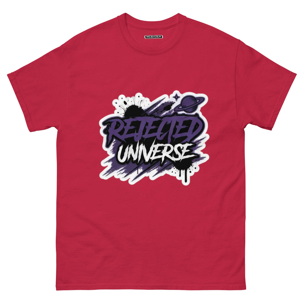 Rejected Universe logo tee in purple — leaning graffiti tag with an orbiting planet and spray splatter