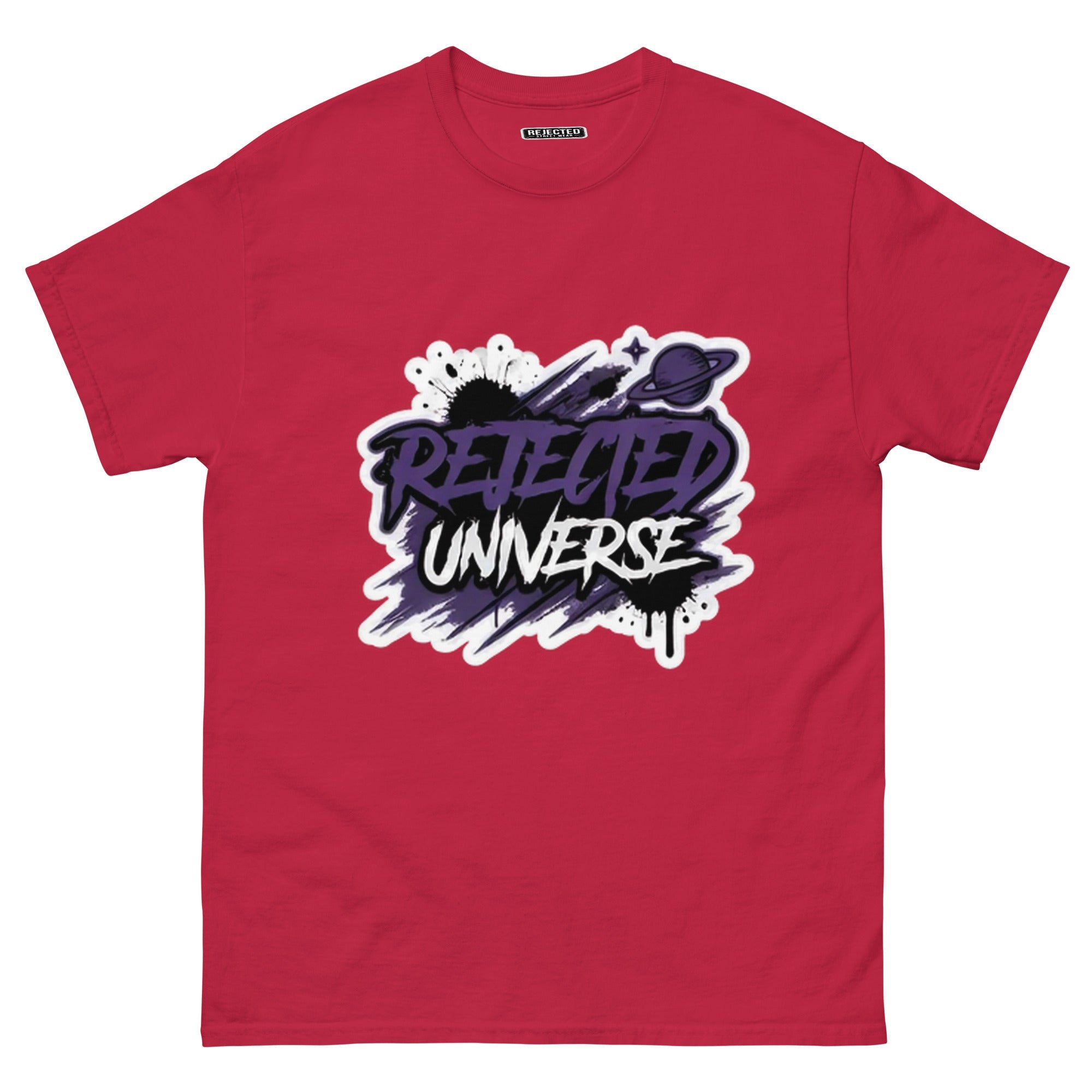 Rejected Universe logo tee in purple — leaning graffiti tag with an orbiting planet and spray splatter
