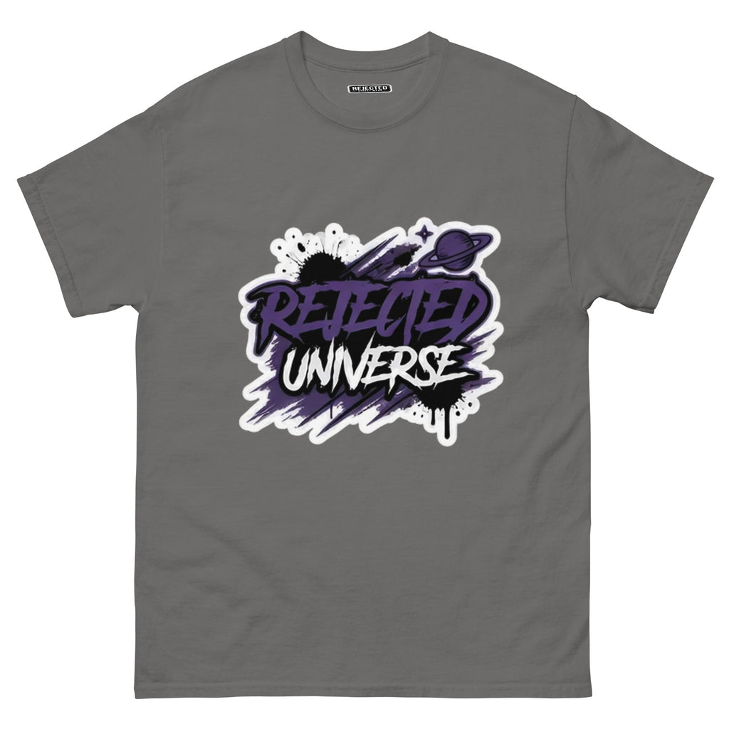Rejected Universe logo tee in purple — leaning graffiti tag with an orbiting planet and spray splatter