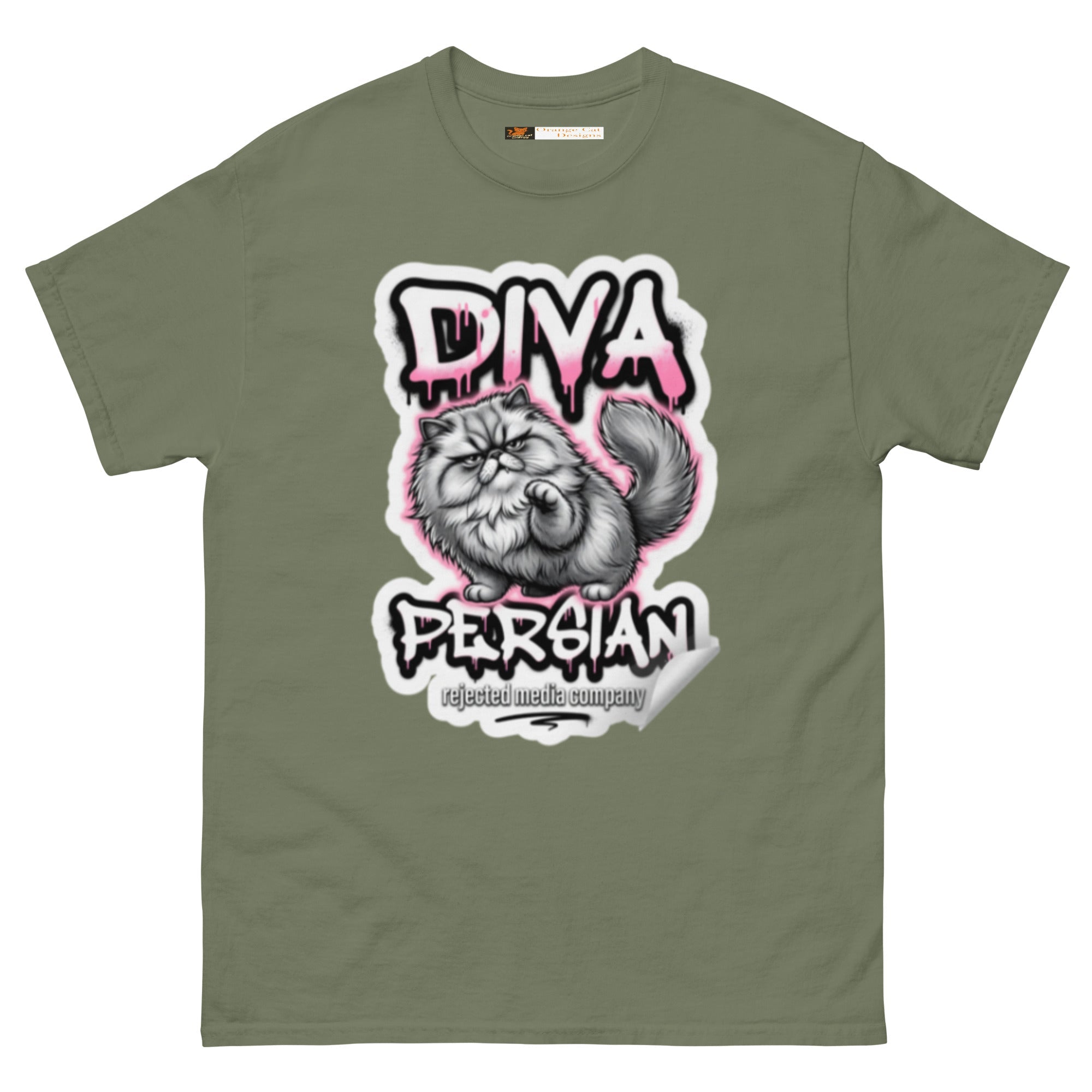 Diva Persian cat tee — fluffed-out Persian cat with an unimpressed face under pink graffiti drip lettering