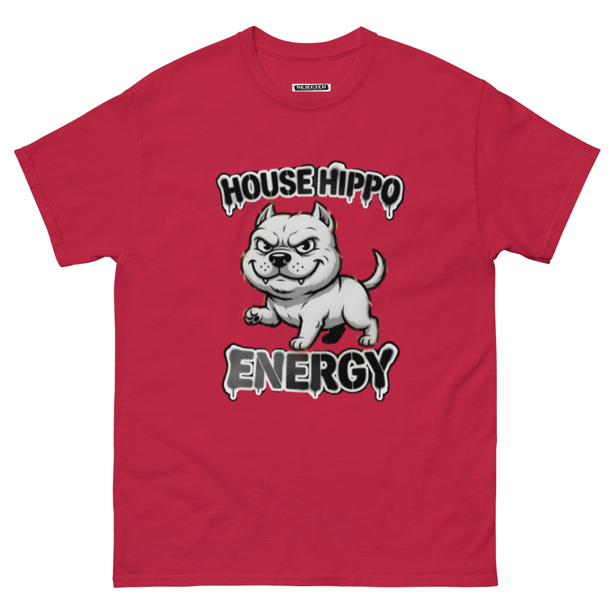 House Hippo Energy tee — stocky bully dog mid-stomp under drippy graffiti lettering