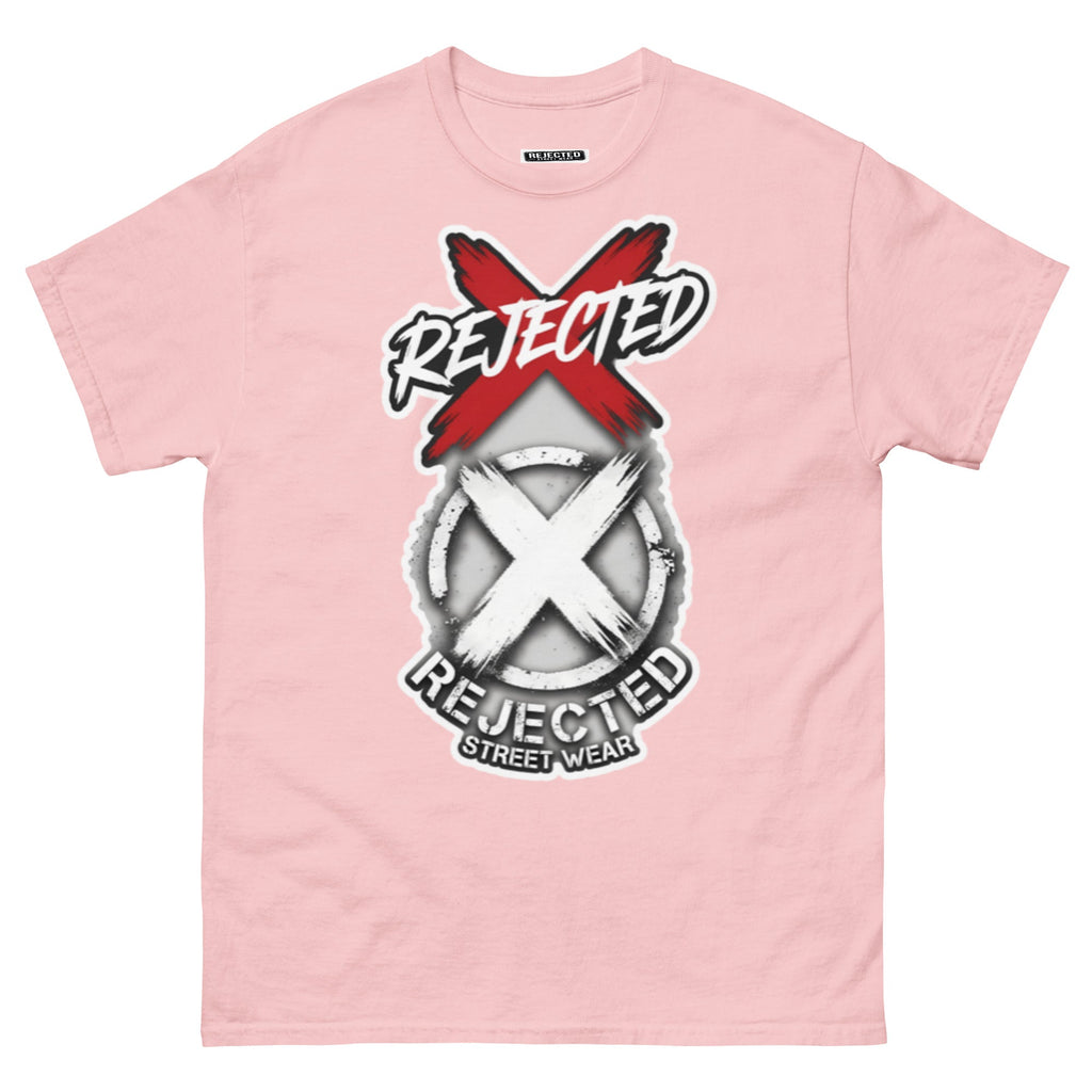 Reject Labels Be Human tee — REJECTED crossed out in red above the X emblem with the word Human underneath