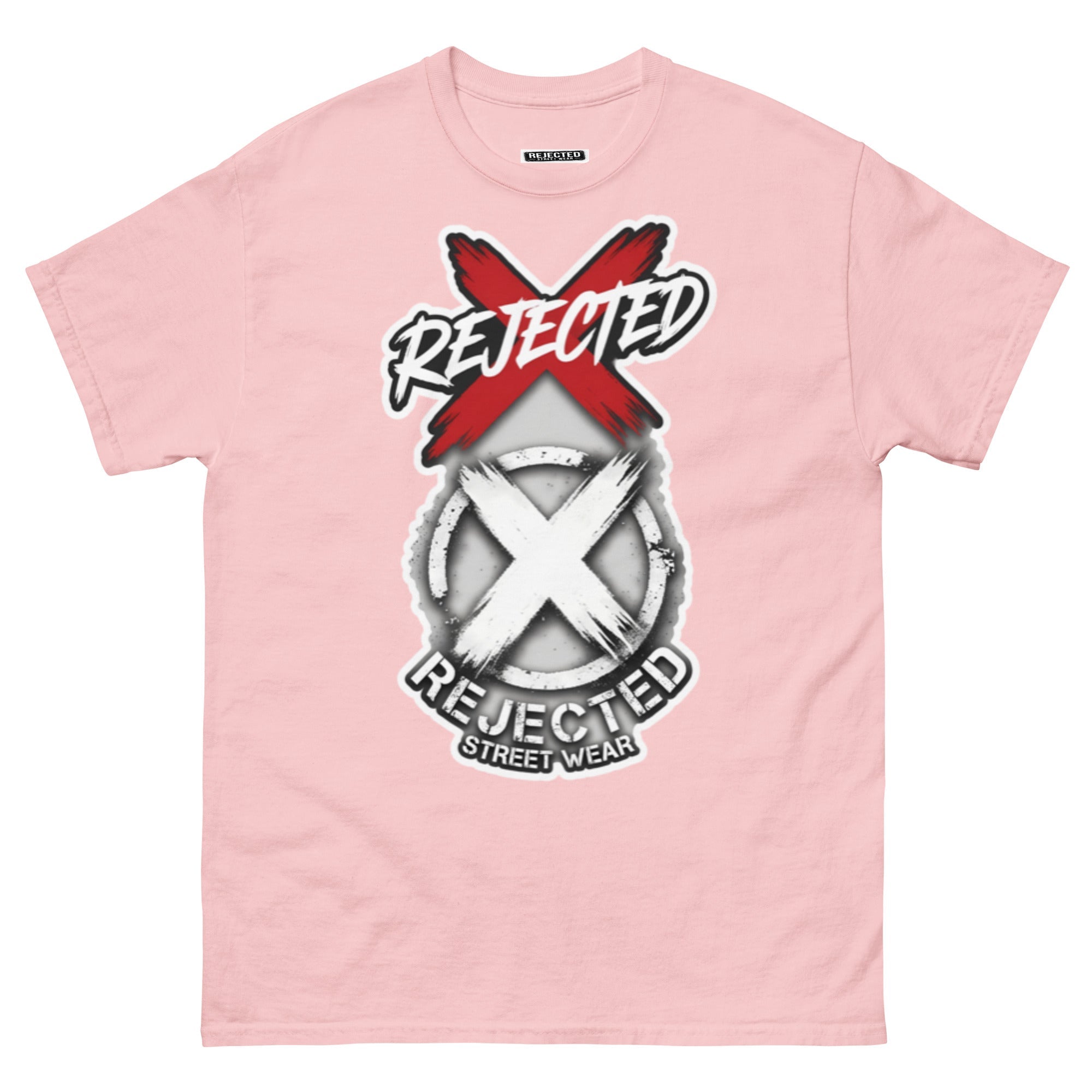 Reject Labels Be Human tee — REJECTED crossed out in red above the X emblem with the word Human underneath