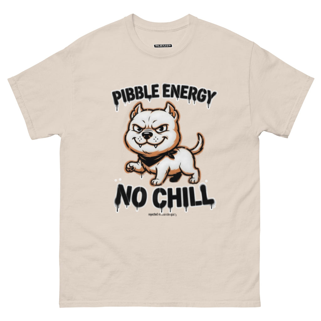 Pibble Energy No Chill tee — grinning bully pup at a dead sprint under graffiti lettering