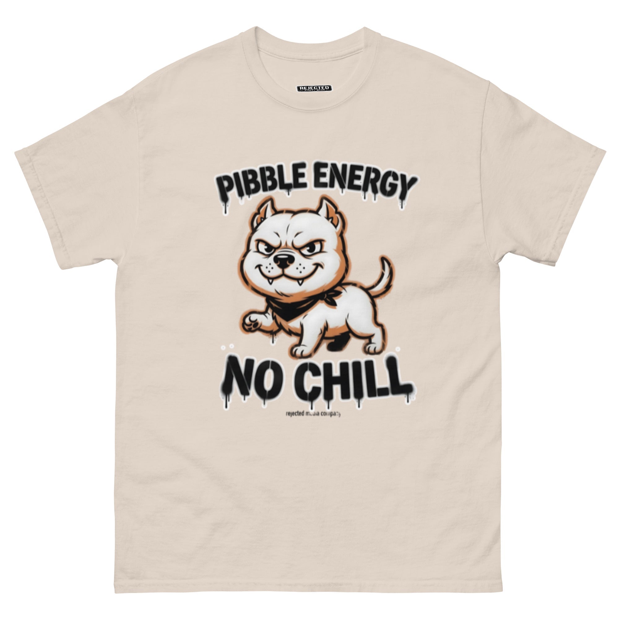 Pibble Energy No Chill tee — grinning bully pup at a dead sprint under graffiti lettering
